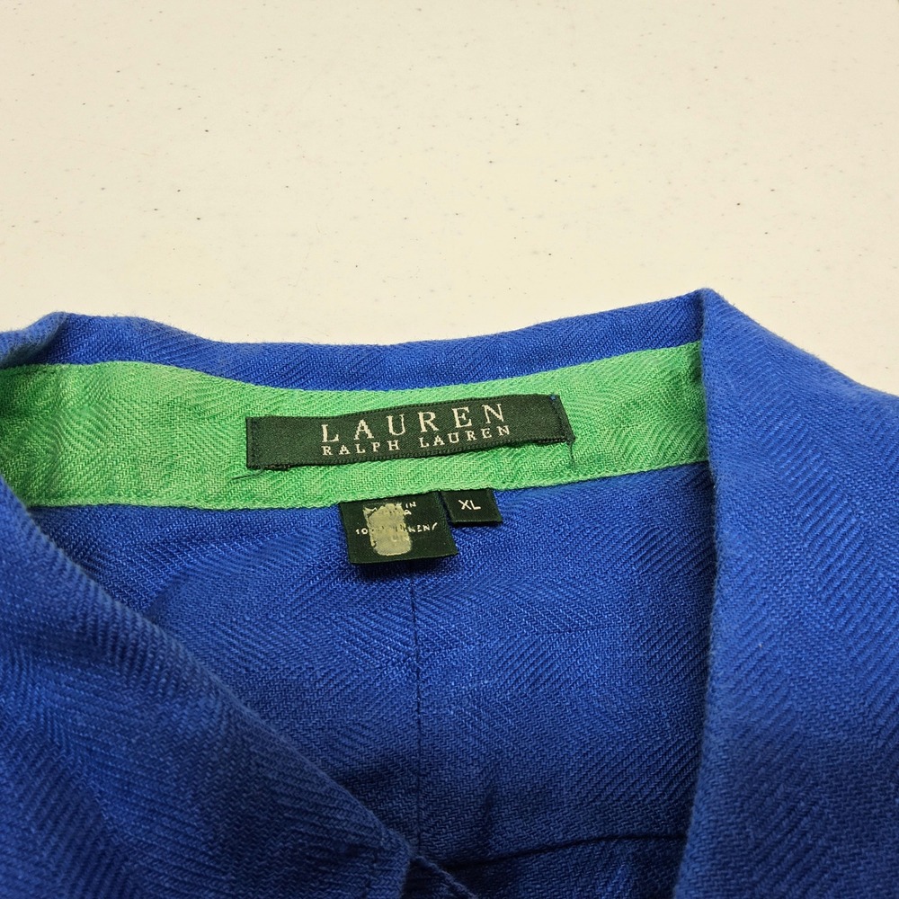 Lauren Ralph Lauren Button Down Women XL Blue Linen Embroidered Crest 3/4 Sleeve - Picture 4 of 10